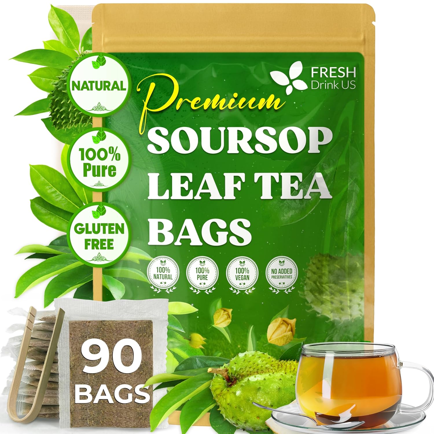 Soursop leaf tea bags packaging with tea bag strings, soursop fruit, and a cup of tea on a white background. Premium Soursop Leaves Tea bags, Dried Soursop Leaves, Soursop Leaf Powder, Guanabana Leaves Tea, Hoja Guanabana Tea