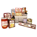 Premium Italian gourmet gift basket featuring organic pasta, marinara sauce, breadsticks, bruschetta mix, olive oil, crackers, preserves, sweet biscotti, torrone nougat, and gourmet spreads in a decorative wire basket.