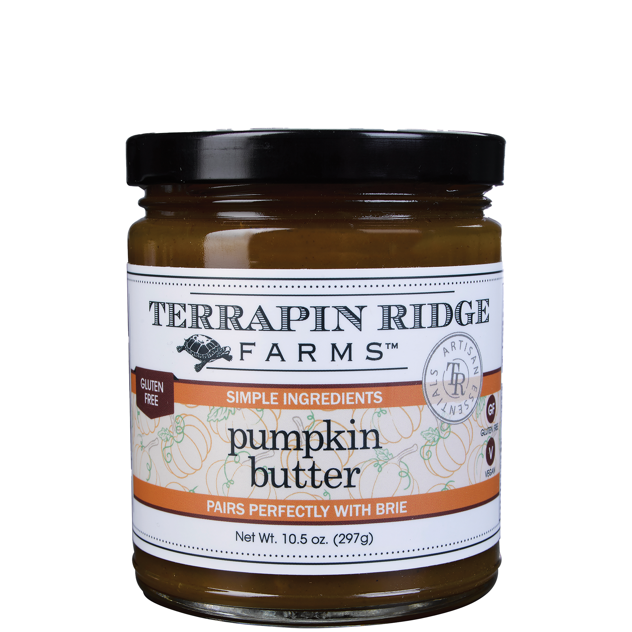 Terrapin Ridge Farms Pumpkin Butter in a glass jar with black lid, gluten-free pumpkin spread made with simple ingredients, isolated on a transparent background.