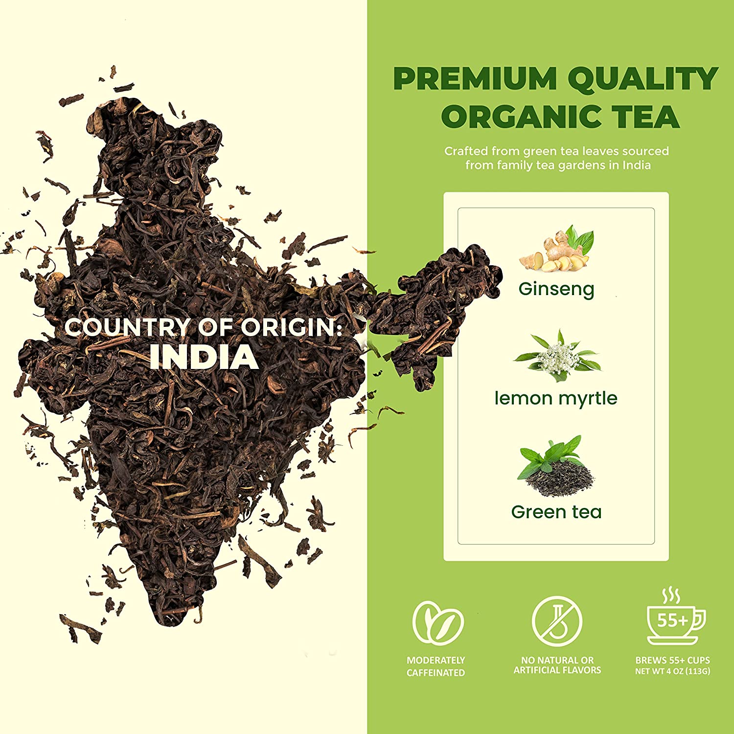 Ginseng Green Tea, Medium-Caffeine - Energy Boost - Organic & Kosher