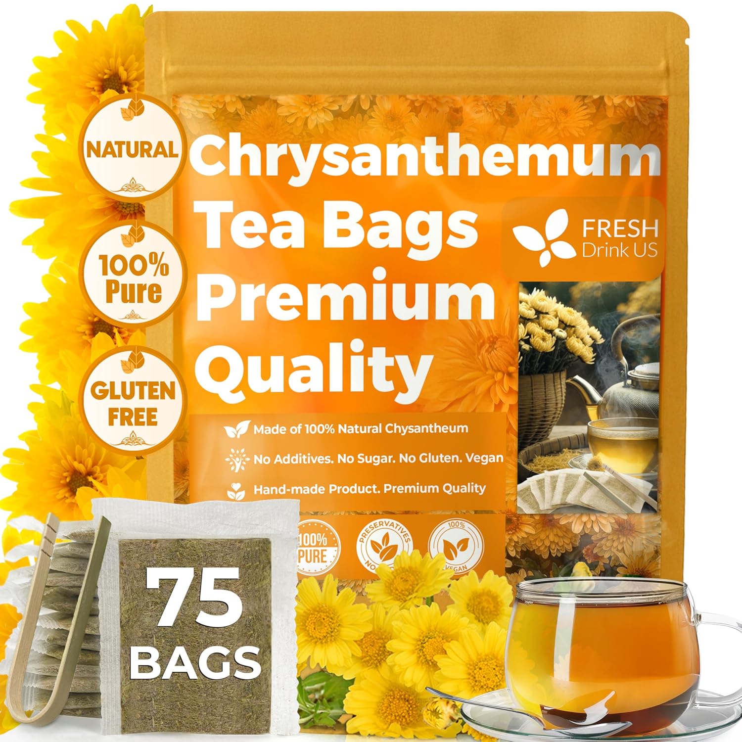 Premium Chrysanthemum Flower Tea Bags. Chrysanthemum Flower Herbal Tea. No Sugar, No Caffeine, No Gluten, Vegan.