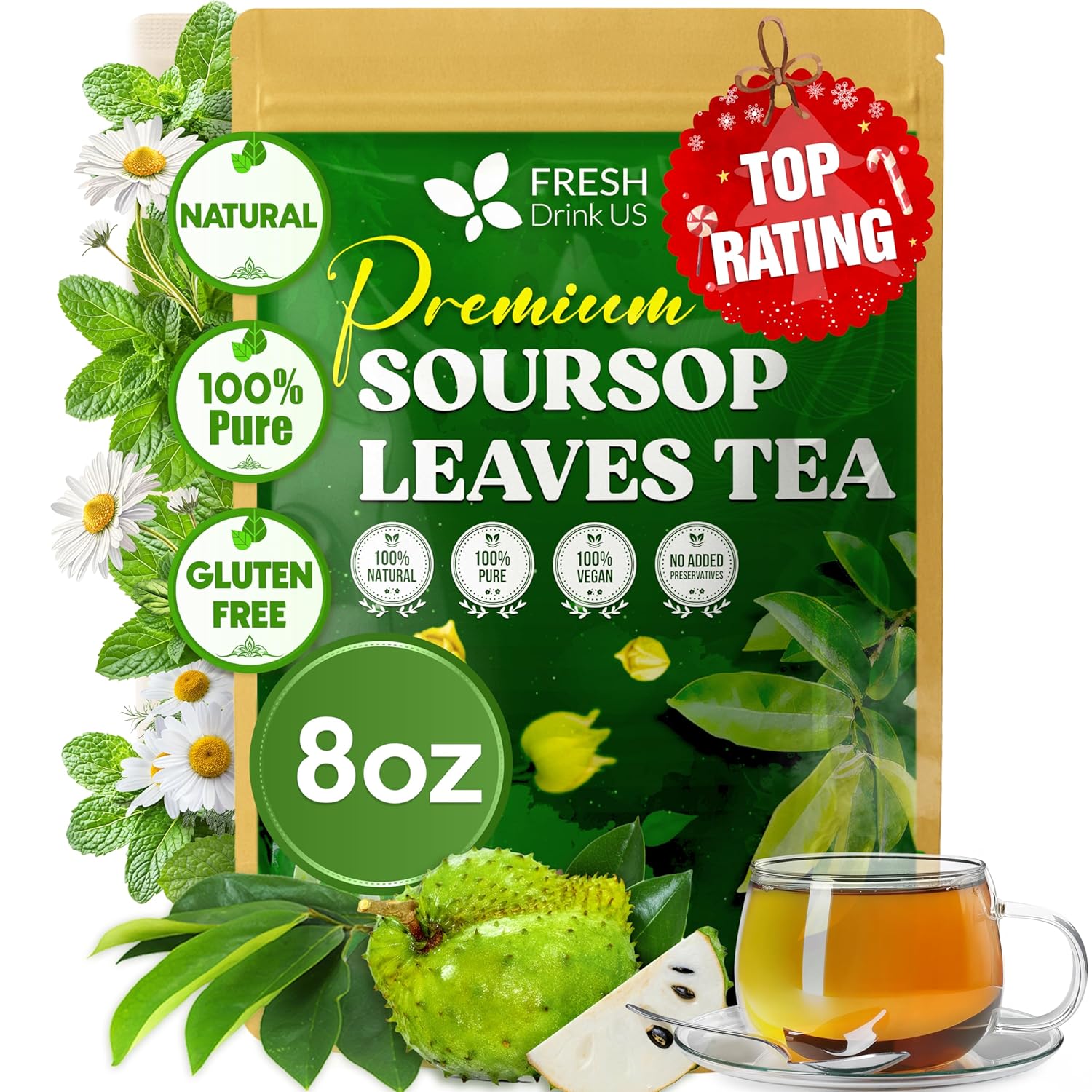 Package of Fresh Drink US Premium Soursop Leaves Tea with tea cup and soursop fruit on a white background. Premium Soursop Leaves Tea bags, Dried Soursop Leaves, Soursop Leaf Powder, Guanabana Leaves Tea, Hoja Guanabana Tea