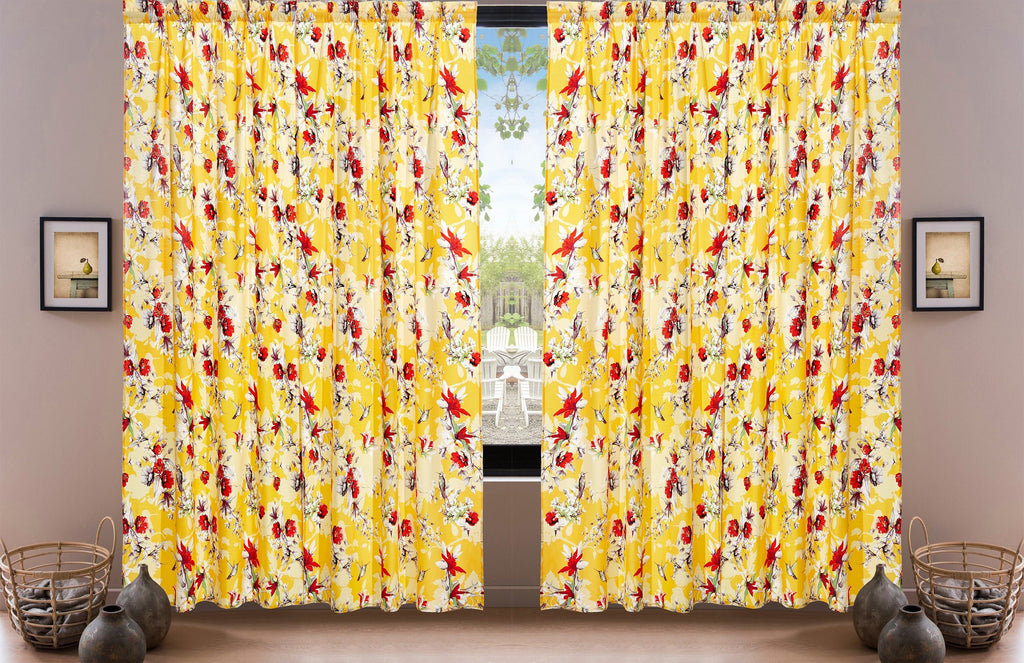 DaDa Bedding Set of 2 Radiant Sunshine Yellow Floral Window Curtain Panels - Natural Semi Sheer Hummingbirds Farmhouse Red Flowers Straight Tailored Edge
