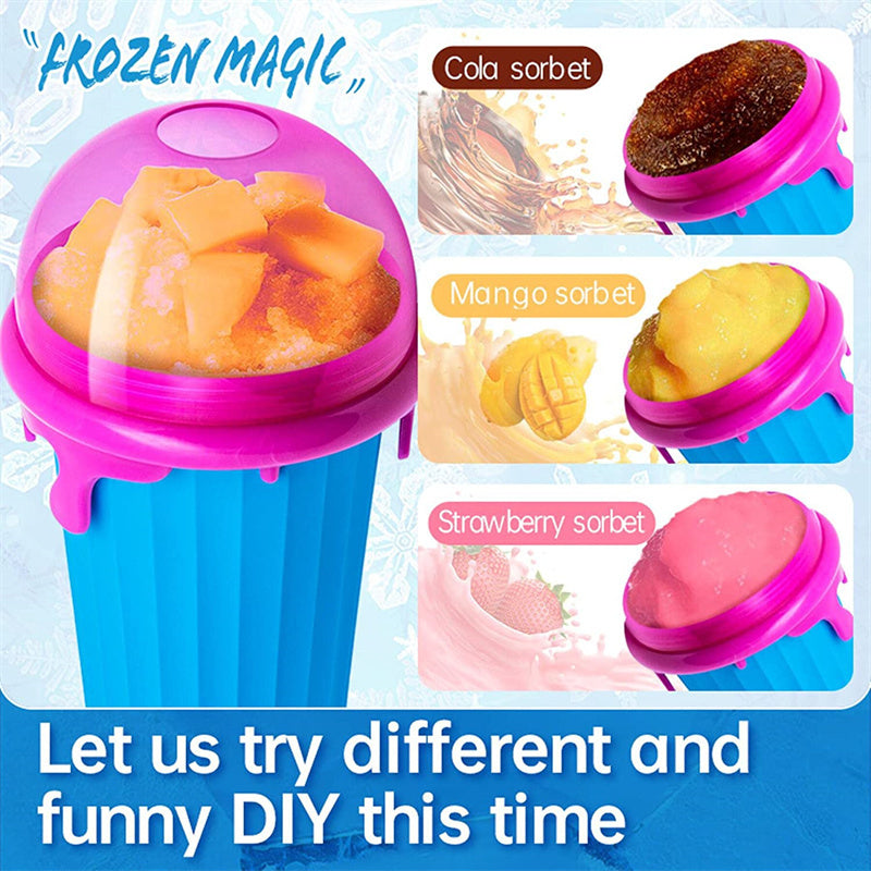 Reusable 500ml slushy maker cup displaying homemade frozen treats in cola, mango, and strawberry flavors, demonstrating DIY squeeze-to-freeze smoothies and sorbets in a colorful BPA-free freezer cup.