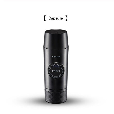 Black T-Colors portable mini rechargeable espresso maker with capsule brewing system, press-button control and compact handheld design for travel, camping, office and home coffee brewing.