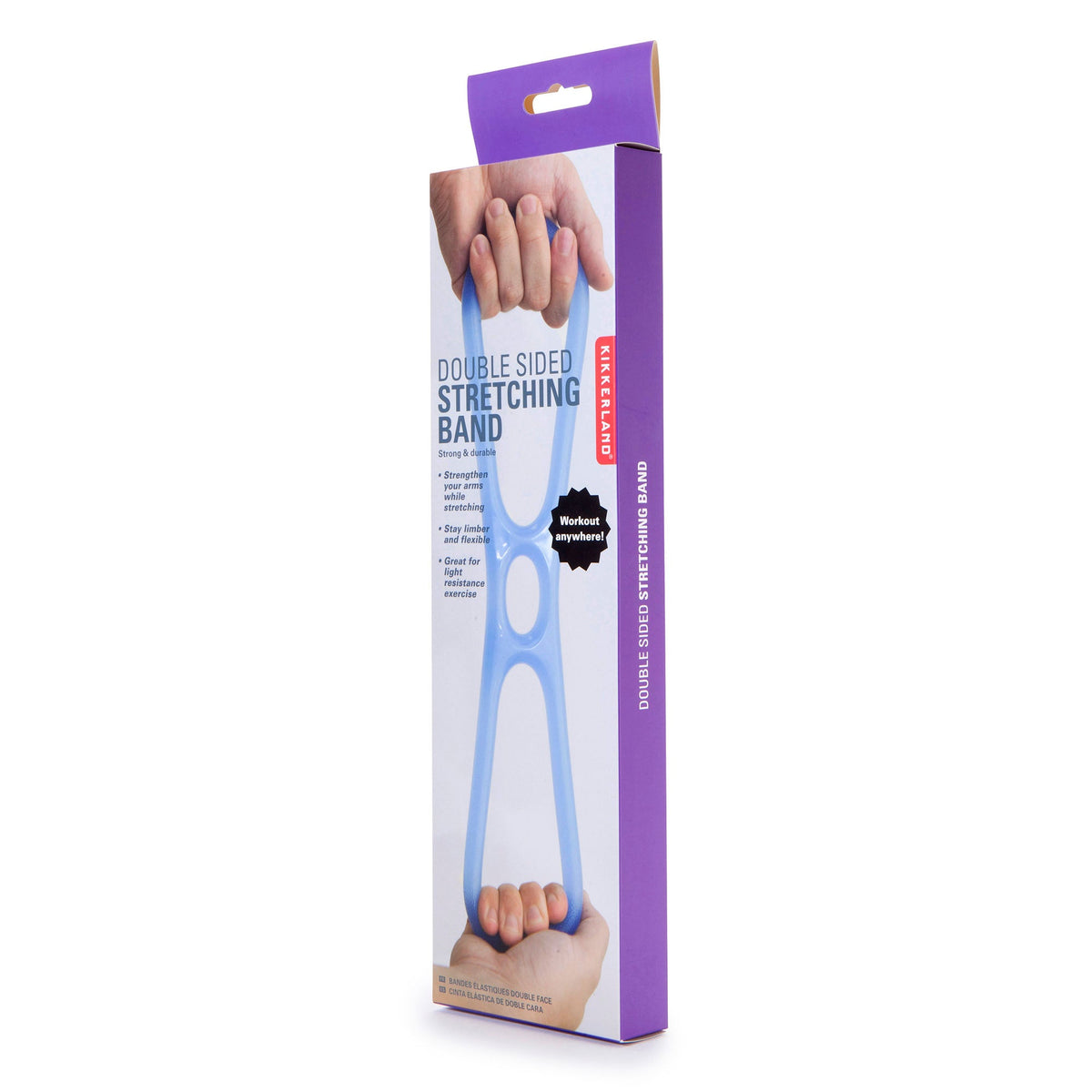 Double-sided stretching band packaging with a hand holding the band on a white background