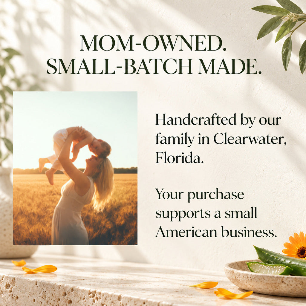 A promotional graphic with the text 'MOM-OWNED. SMALL-BATCH MADE.