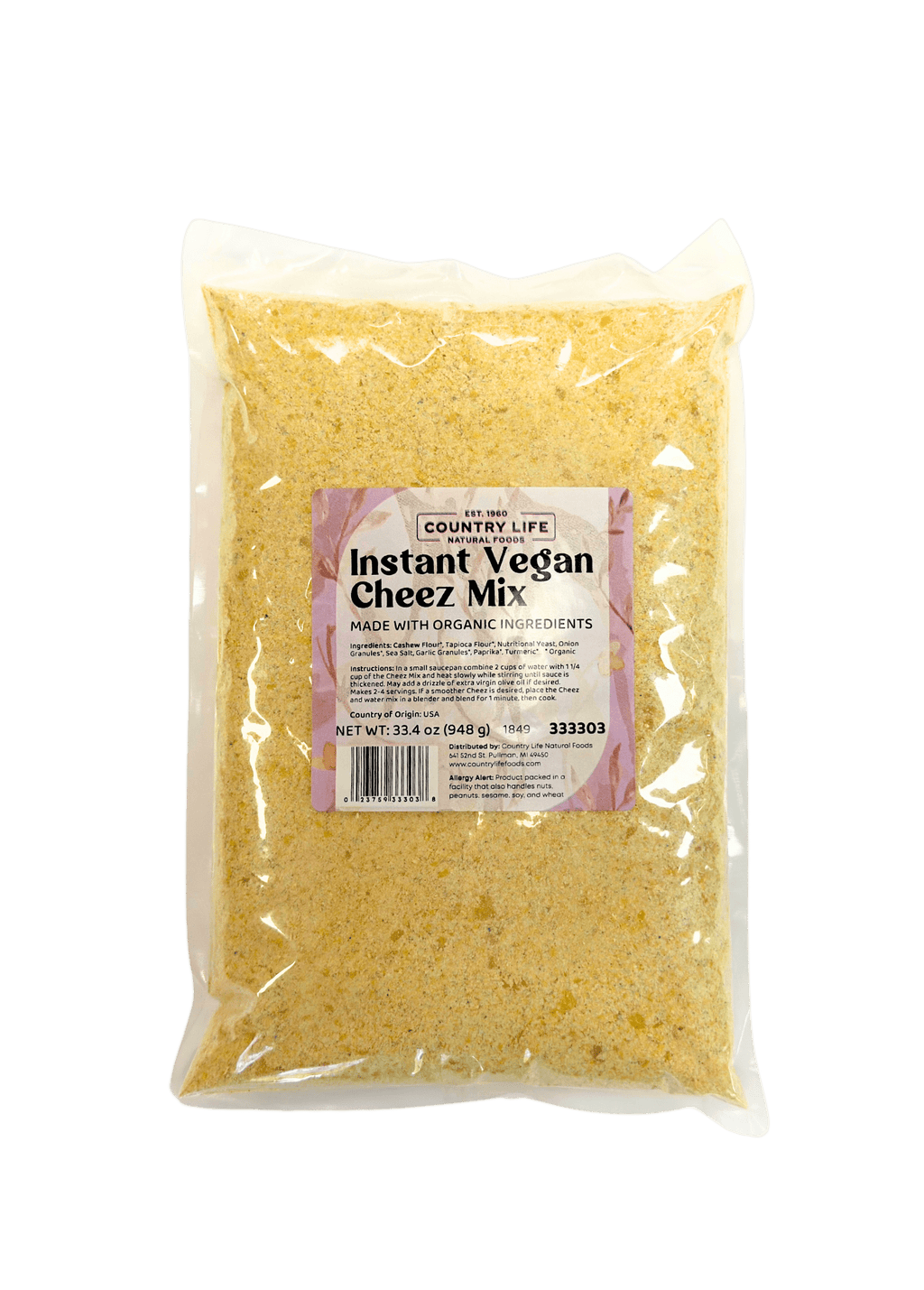 aInstant Vegan Cheez Mix in a sealed 33.4 oz bag by Country Life Natural Foods, dairy-free cheese alternative mix for vegan mac and cheese, nachos, sauces, and plant-based recipes. Veggie chip dip