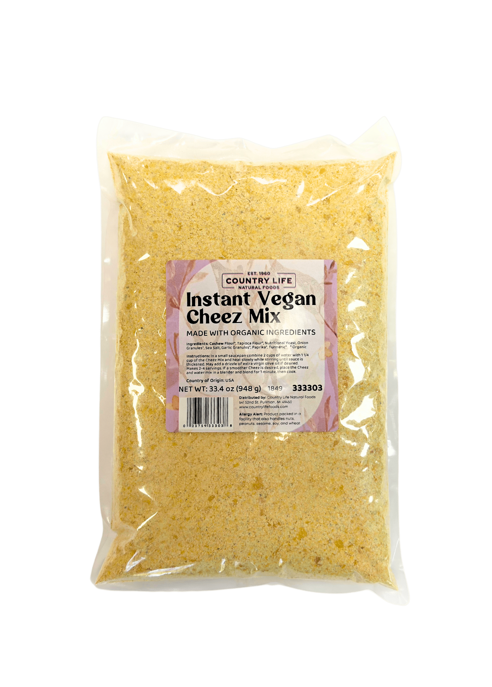 aInstant Vegan Cheez Mix in a sealed 33.4 oz bag by Country Life Natural Foods, dairy-free cheese alternative mix for vegan mac and cheese, nachos, sauces, and plant-based recipes. Veggie chip dip