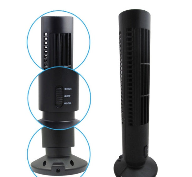 Black portable oscillating electric USB fan with control buttons on a white background