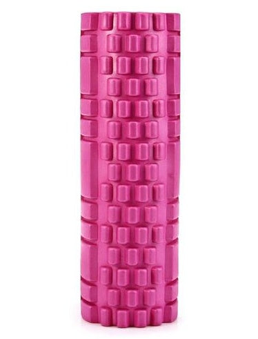 Pink foam roller with textured surface on a white background