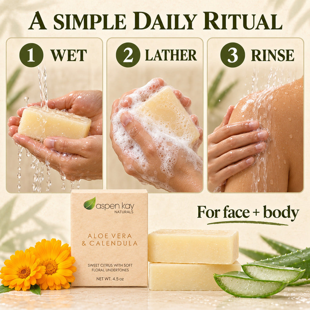 Aspen Kay Naturalies Aloe Vera & Calendula body and face cleanser shown with three instructional panels above: wet, lather, and rinse. The bottom shows the product box and two bars of pale yellow soap with aloe and flower props on a light beige background.
