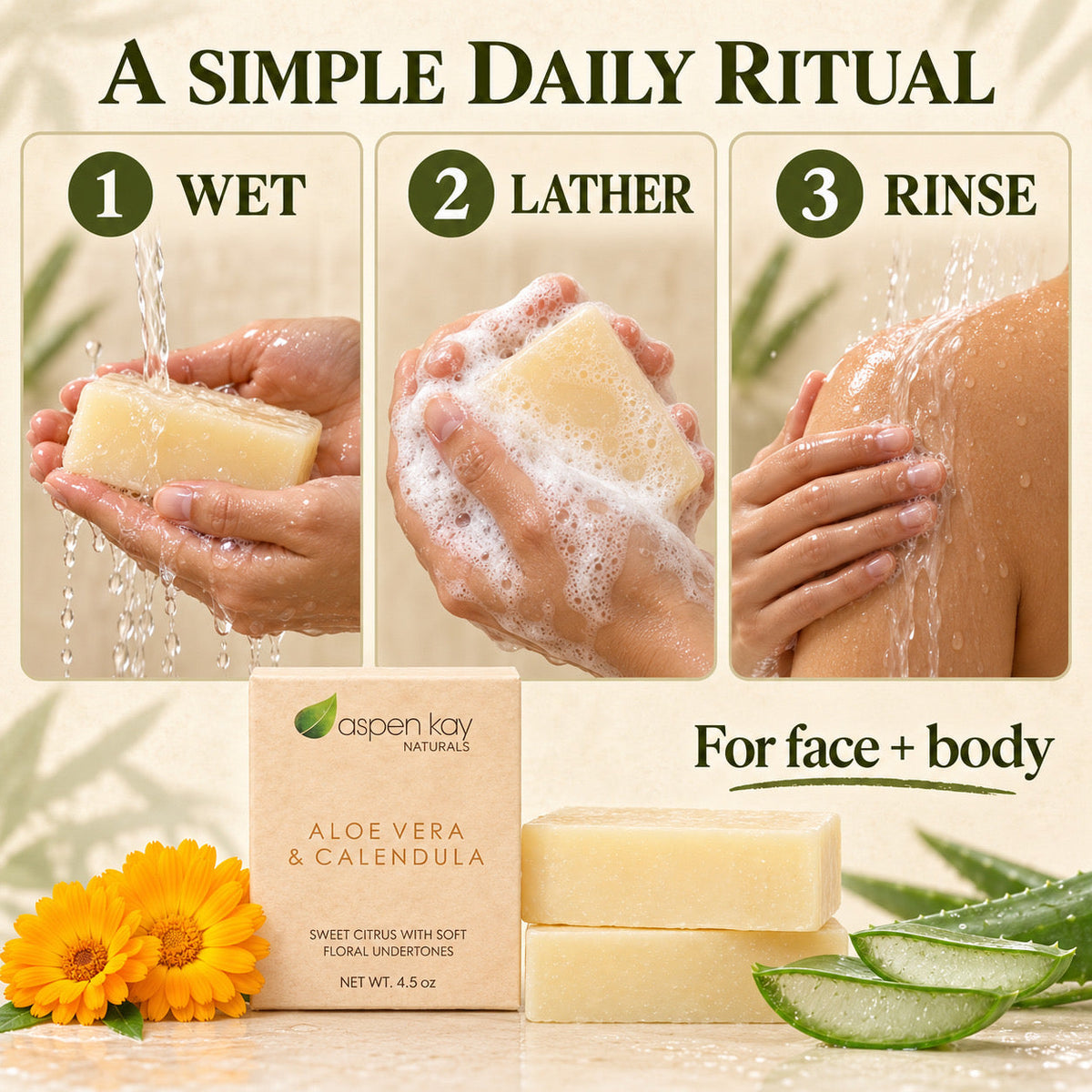 Aspen Kay Naturalies Aloe Vera & Calendula body and face cleanser shown with three instructional panels above: wet, lather, and rinse. The bottom shows the product box and two bars of pale yellow soap with aloe and flower props on a light beige background.