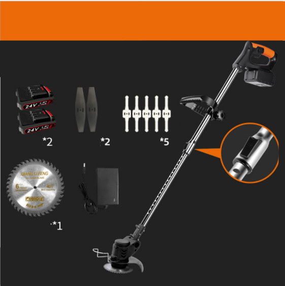 Cordless electric lawn mower garden trimmer kit with rechargeable batteries, adjustable shaft, metal and plastic cutting blades, charger and accessories for grass, weeds, lawn edging, yard maintenance, landscaping and garden trimming.