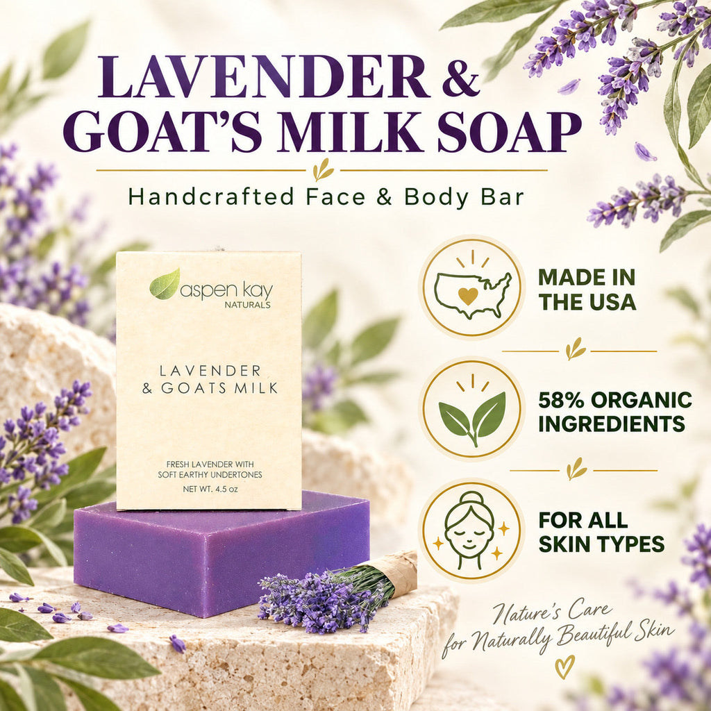 Aspen Kay Naturals Lavender & Goat's Milk Soap bar displayed on a stone surface with lavender sprigs, surrounded by decorative lavender leaves and text highlighting organic ingredients, USA manufacturing, and suitability for all skin types.