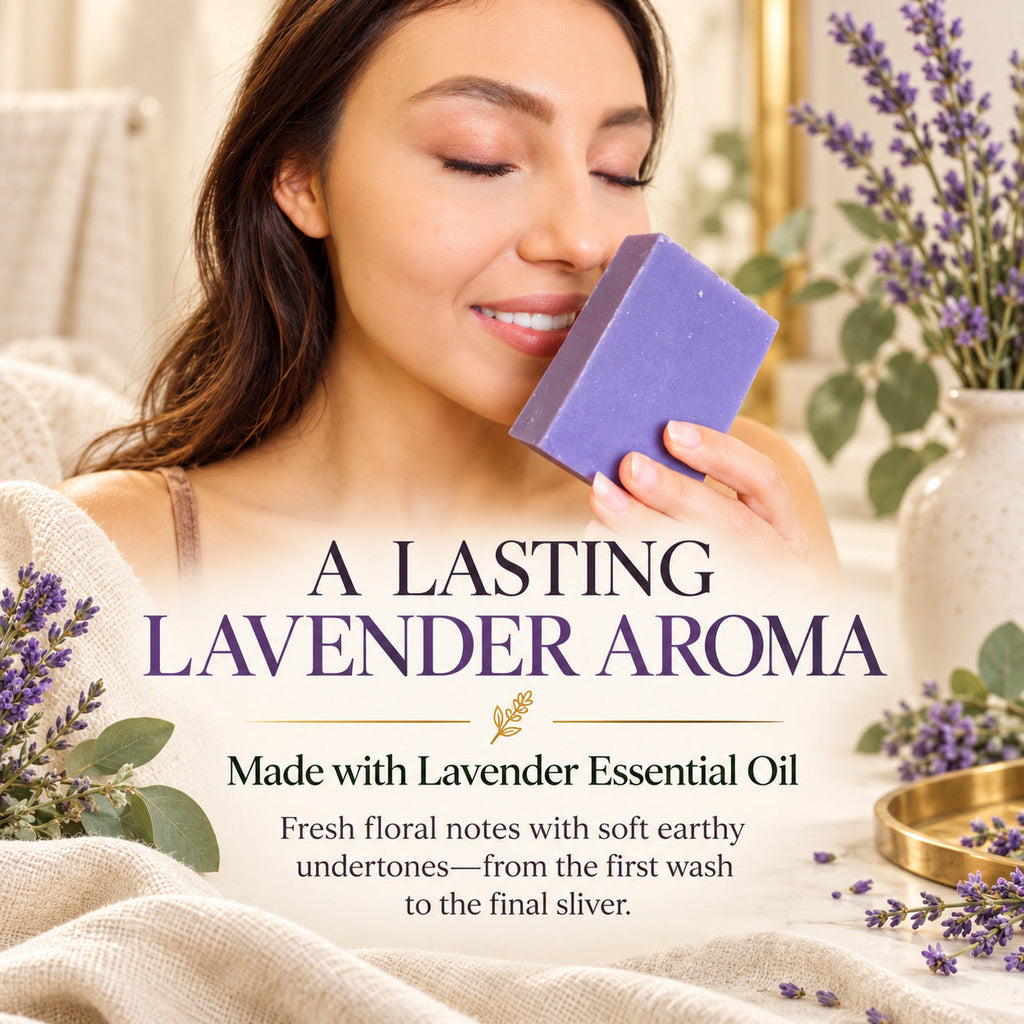 A woman with closed eyes holds a rectangular purple lavender soap bar near her face in a spa-like setting with lavender flowers and text reading 'A LASTING LAVENDER AROMA' and 'Made with Lavender Essential Oil'.