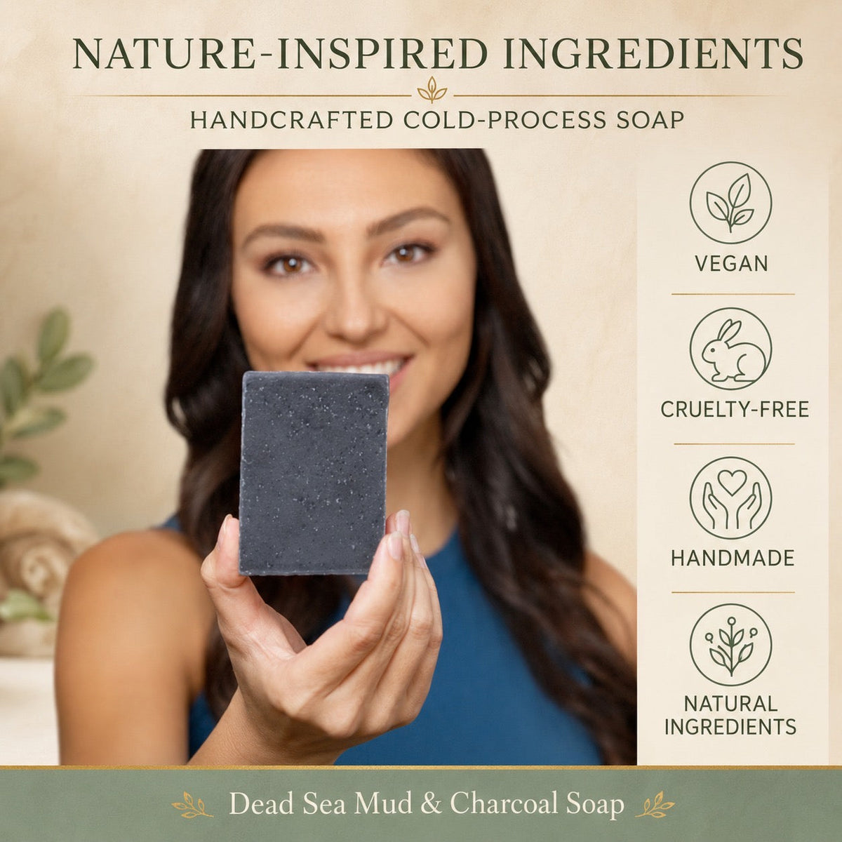 A woman holds up a rectangular dark gray soap bar against a warm beige background with promotional text reading 'Nature-Inspired Ingredients' and feature icons for vegan, cruelty-free, handmade, and natural ingredients. The bottom banner identifies the soap as Dead Sea Mud & Charcoal Soap.