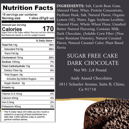 Andy Anand Sugar Free Chocolate Chip Cake - Divine dark chocolate chip Cake Delight - Best Birthday Cakes Delivery From Bakery (2.8 lbs)