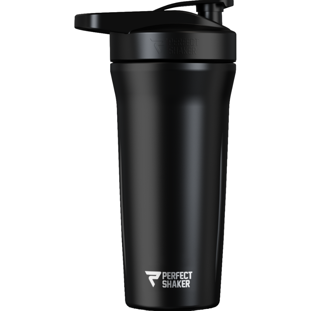 A matte black shaker bottle with a matching black lid and flip spout, featuring the white 'PERFECT SHAKER' logo near the bottom, shown on a solid white background.