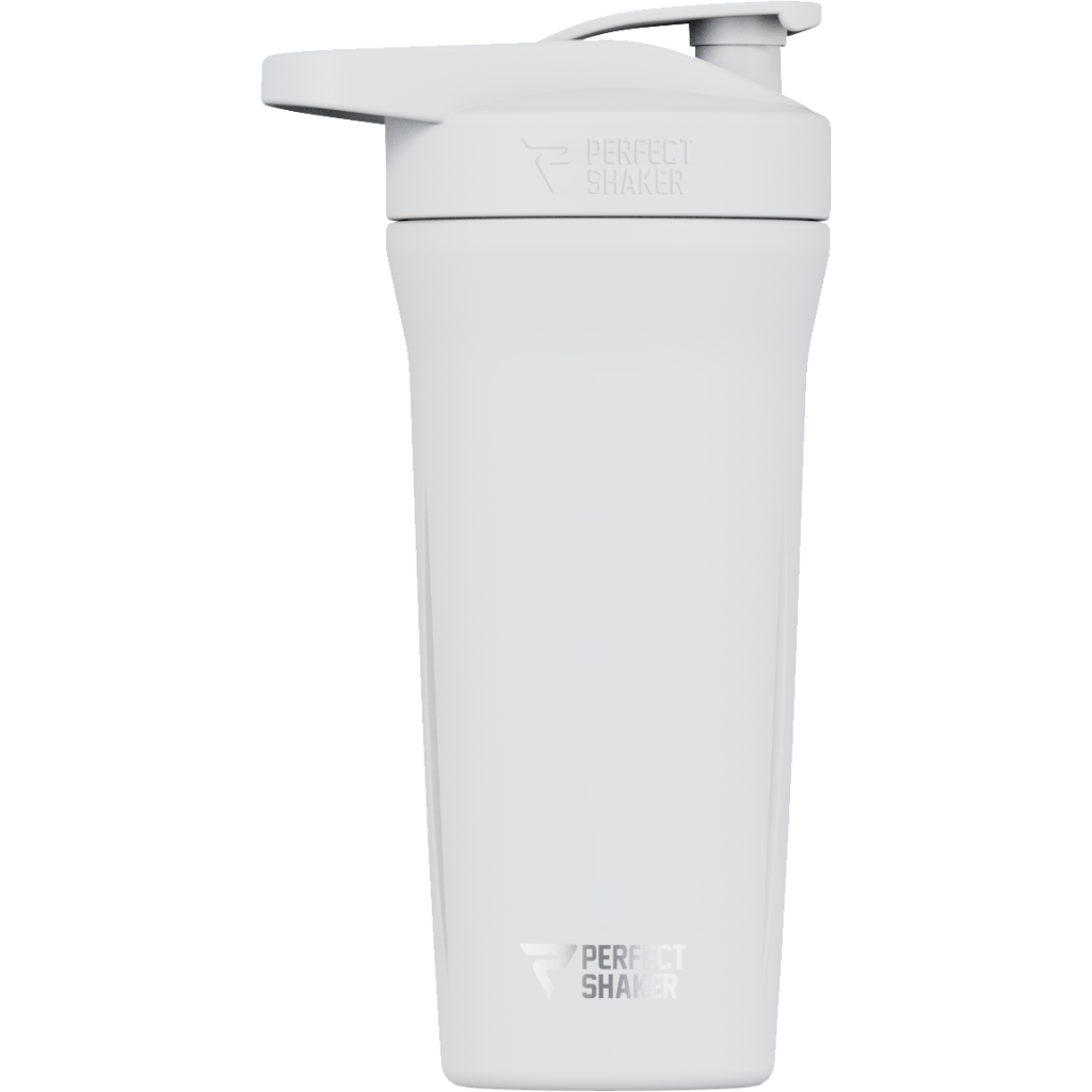 A white Perfect Shaker shaker bottle with a matching white lid and flip-top spout, shown on a solid white background.