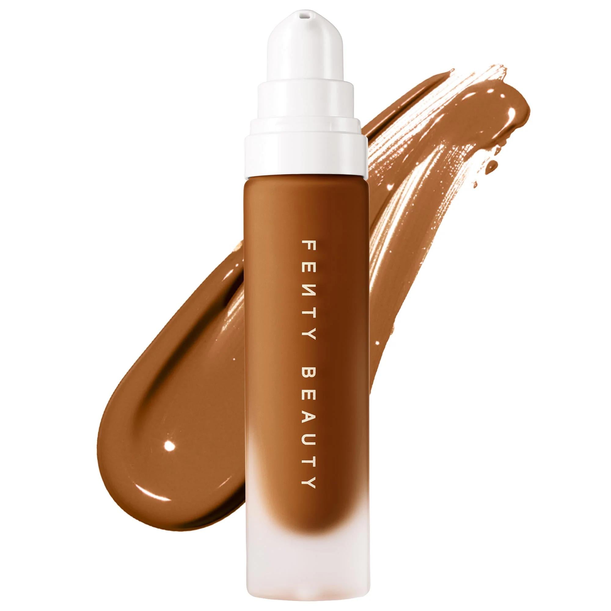 Fenty Beauty Pro Filt'r Soft Matte Longwear Liquid Foundation bottle with a rich caramel shade swatch on a clean white background.