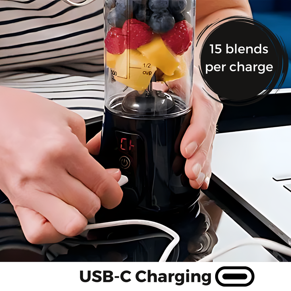 Pro+ 17oz portable ice-crushing blender with fresh fruit, USB-C charging and up to 15 blends per charge for smoothies, shakes and travel.