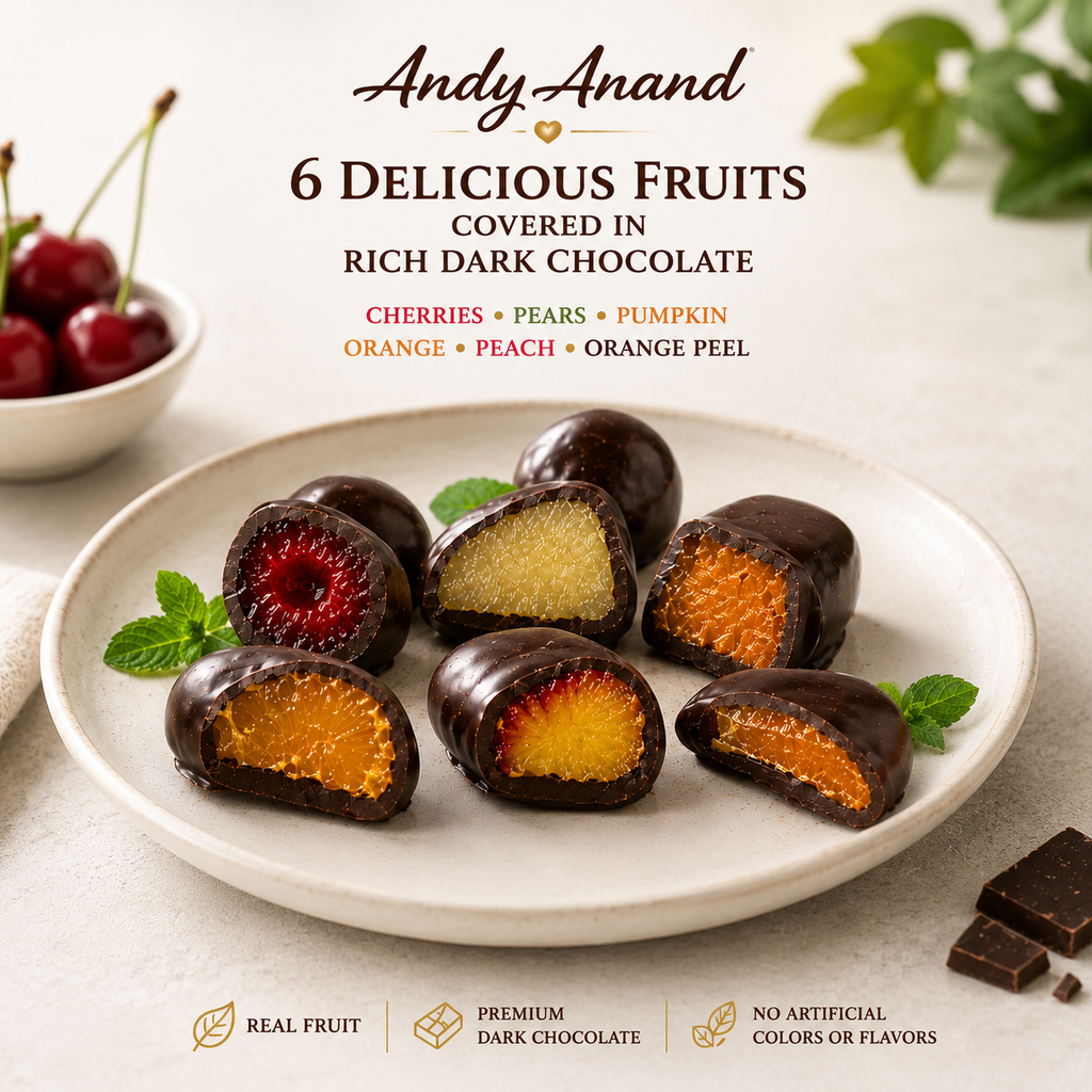 Plate of chocolate-covered fruits with cherry bowl and mint leaves on a light background, featuring Andy Anand brand.
