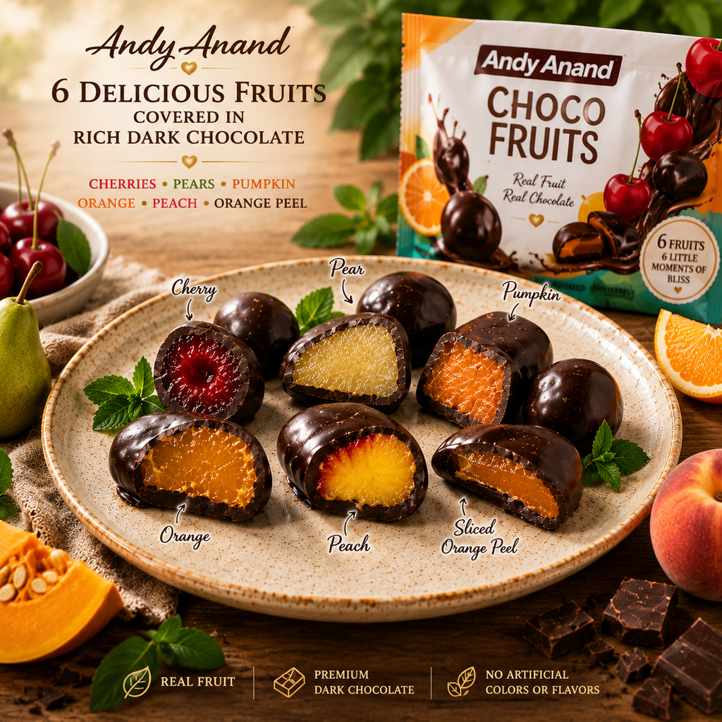 Chocolate-covered fruits on a plate with packaging in the background, featuring Andy Anand brand.