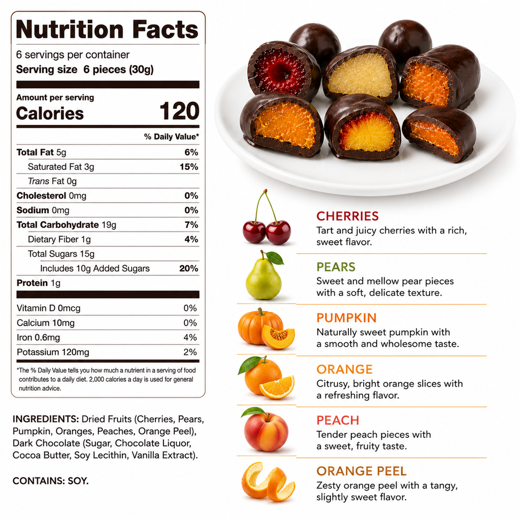 Nutrition facts label with a plate of fruit-flavored candies and ingredient list.
