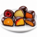 Chocolate-dipped fruits with colorful interior on a white plate