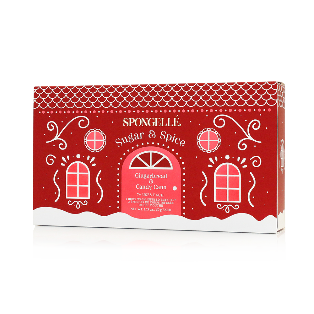 Spongellé Sugar & Spice Holiday Gingerbread Gift Set featuring Gingerbread and Candy Cane body wash infused buffers, reusable exfoliating bath sponges, festive Christmas body care, holiday self-care spa gift for women, stocking stuffer, seasonal beauty gift and luxury bath set in decorative red holiday packaging.