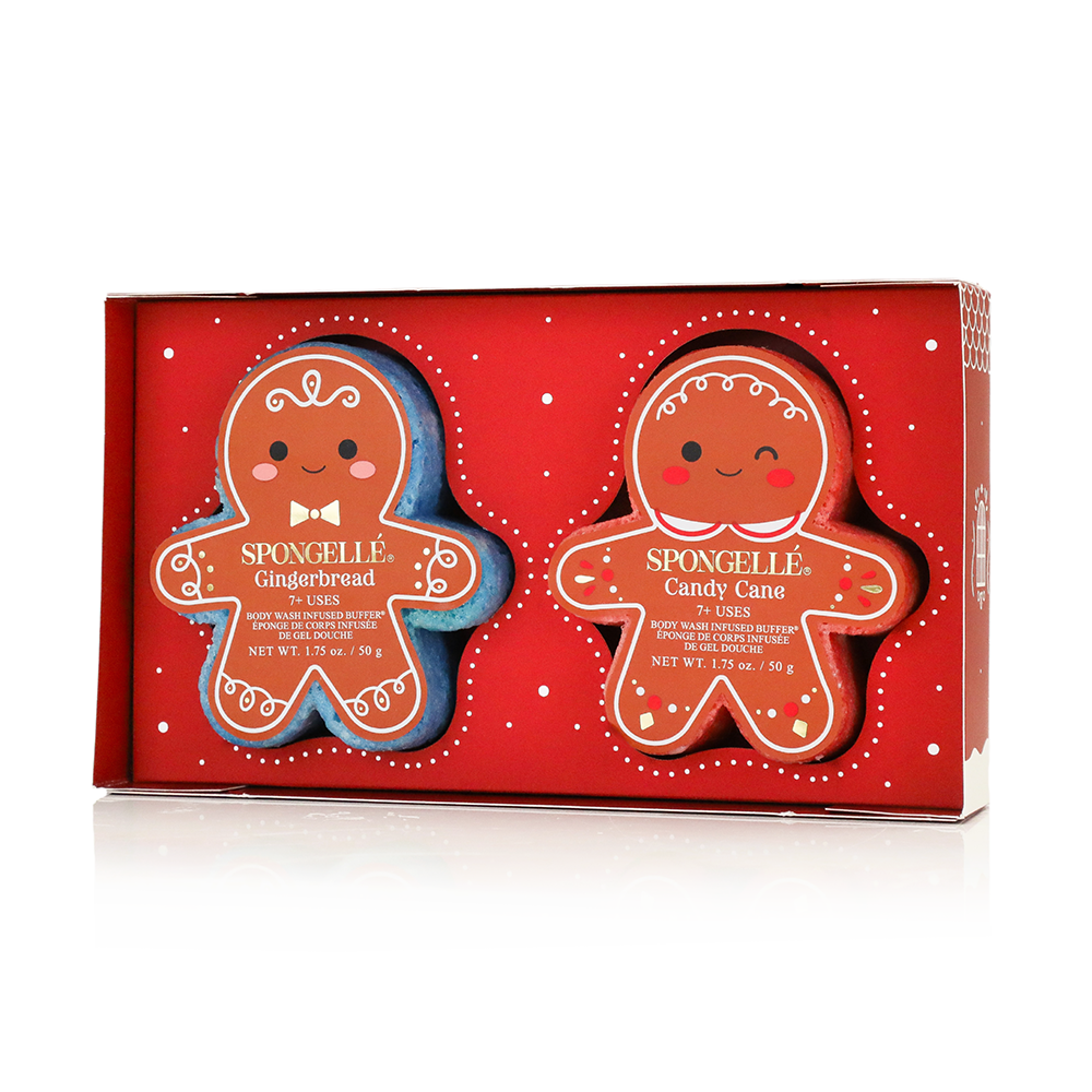 Spongellé Sugar & Spice Holiday Gingerbread Gift Set featuring Gingerbread and Candy Cane body wash infused buffers, reusable exfoliating bath sponges, festive Christmas body care, holiday self-care spa gift for women, stocking stuffer, seasonal beauty gift and luxury bath set in decorative red gingerbread packaging.
