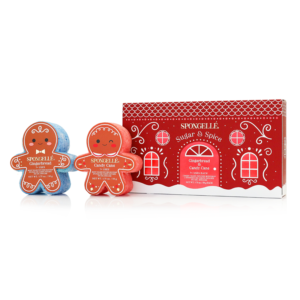 Spongellé Sugar & Spice Holiday Gingerbread Gift Set featuring gingerbread-shaped body wash infused buffers in festive candy cane and gingerbread scents, reusable exfoliating bath sponges, holiday body care, Christmas self-care gift for women, stocking stuffer and festive spa gift set.