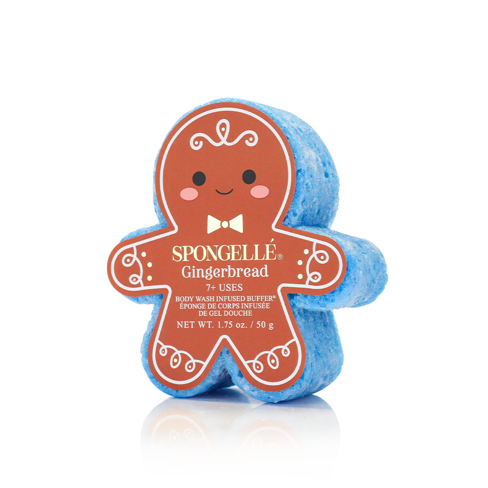Spongellé Sugar & Spice Holiday Gingerbread Gift Set Gingerbread body wash infused buffer, reusable exfoliating bath sponge, festive Christmas body care, holiday self-care spa gift for women, stocking stuffer, seasonal beauty gift, luxury bath and shower sponge.