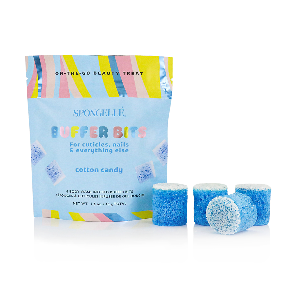 Spongellé Cotton Candy PediPOP! Buffer Bits body wash infused exfoliating sponges for cuticles, nails, feet and skin, 4-count blue bath buffers with sweet cotton candy fragrance.
