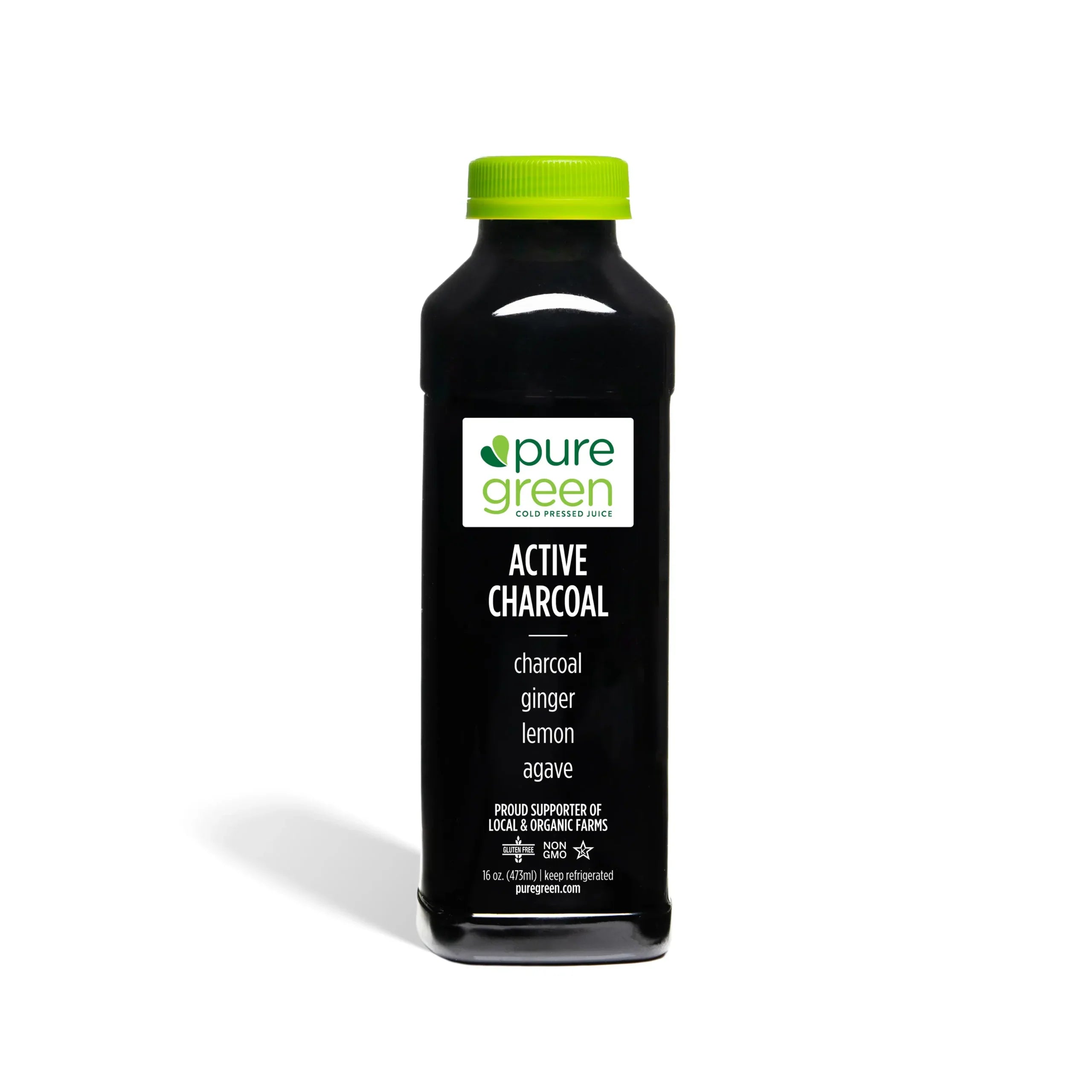 Bottle of pure green Active Charcoal drink on a white background. Pure Green COLD Pressed Juice. Ingredients include: Activated Charcoal, Ginger, Lemon and Agave. Kosher, NON-GMO and Gluten Free Juice Drink.