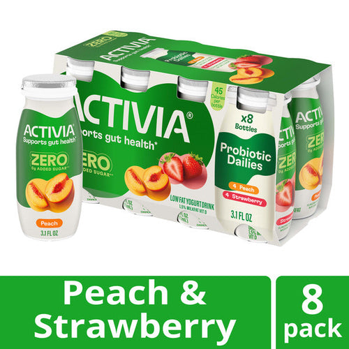 Packaging of Activia peach and strawberry yogurt drinks with a green background