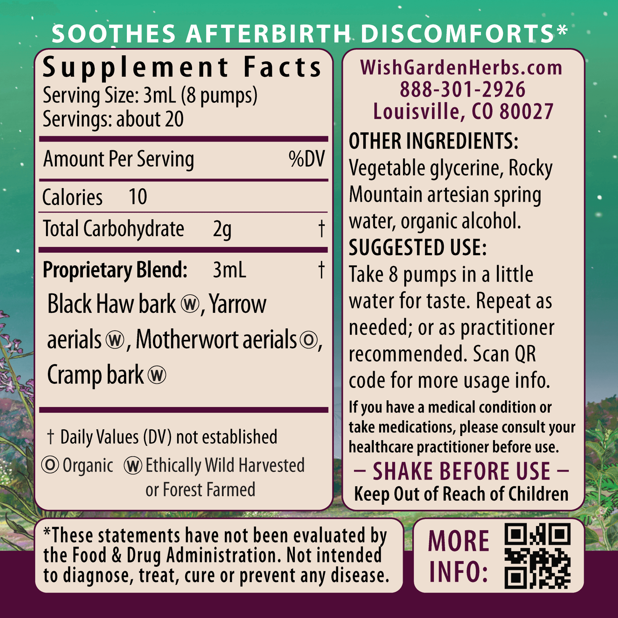 Supplement label with ingredient list and contact information on a green background. AfterEase For After Birth Contractions - 2 oz Convenient Pump Bottle for Easy, Mess-Free Serving or 4 oz Jigger