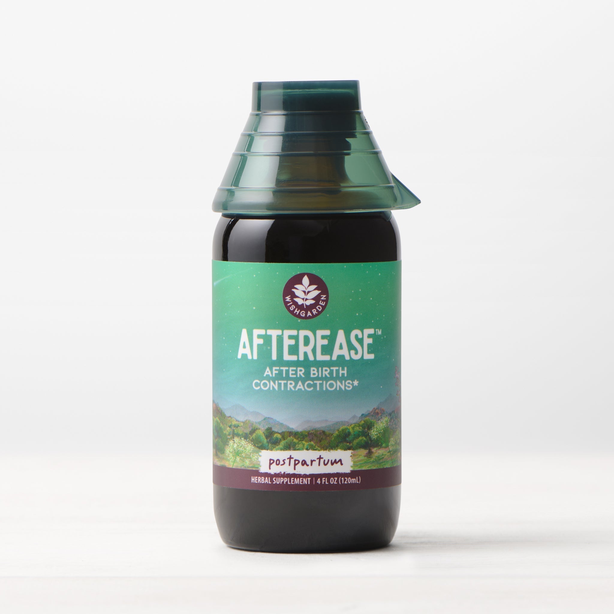 Bottle of 'Afterease' after birth contractions supplement on a white background. AfterEase For After Birth Contractions -  4 oz Jigger