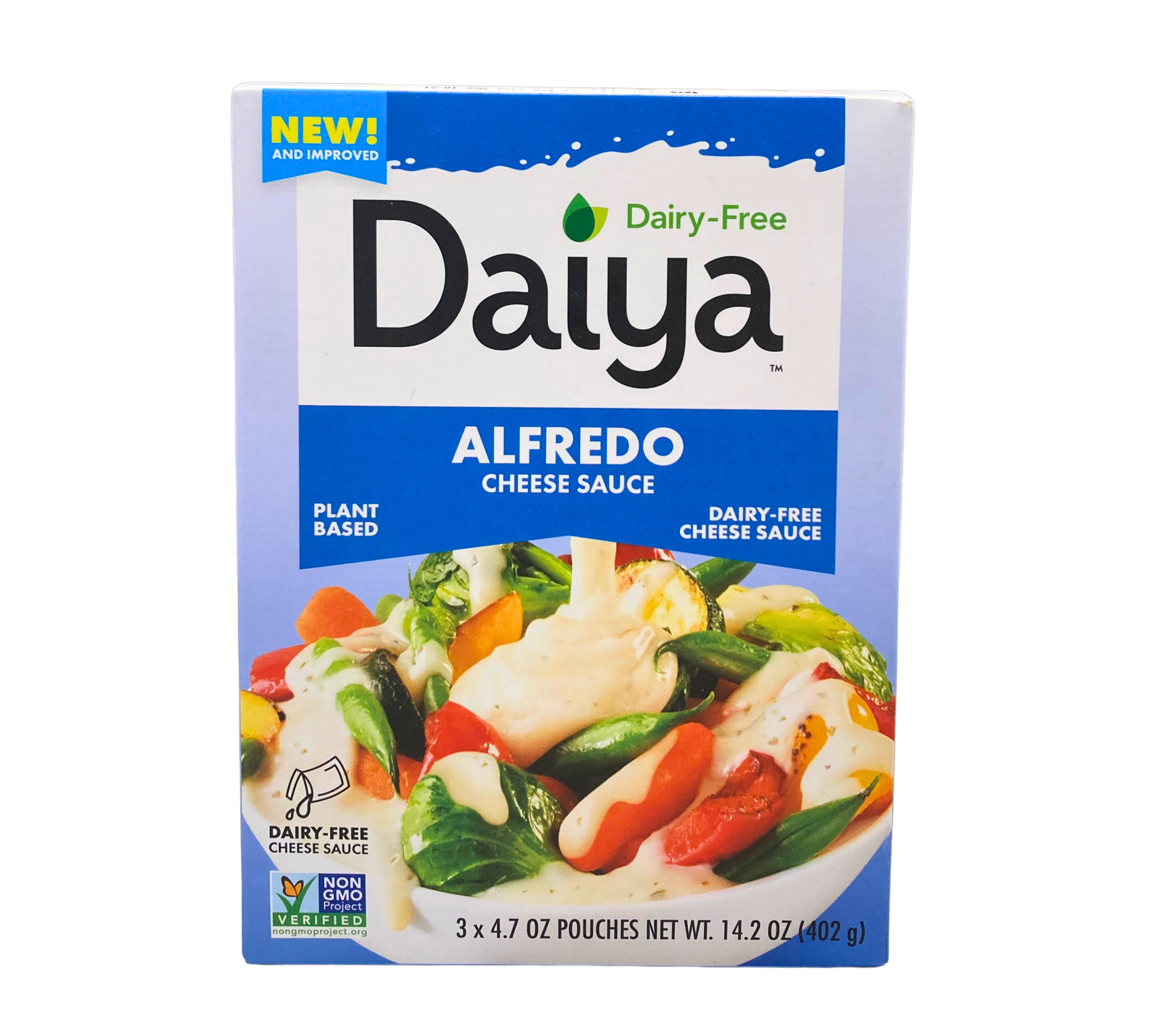 Daiya Dairy-Free Alfredo Cheese Sauce box with plant-based, non-GMO Alfredo sauce pouches, 14.2 oz (3 x 4.7 oz), displayed on a transparent background. This product is a NON-GMO Project Verified cheese source.