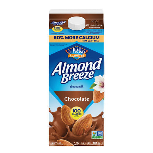 Chocolate Almond Breeze almond milk carton by Blue Diamond Almonds, dairy-free chocolate almond beverage with 50% more calcium than dairy milk, 100 calories per serving, half gallon (1.89 L), Non-GMO Project Verified.