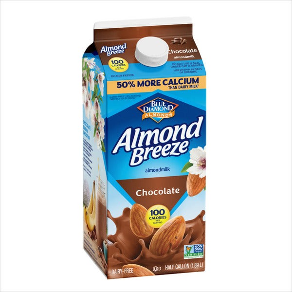 Chocolate Almond Breeze almond milk carton by Blue Diamond Almonds, dairy-free chocolate almond beverage with 50% more calcium than dairy milk, 100 calories per serving, half gallon (1.89 L), Non-GMO Project Verified, front package view.
