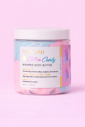 AMINNAH Cotton Candy Whipped Body Butter with rich whipped texture in pastel pink and blue. Luxurious clean beauty moisturizer made with natural ingredients, vegan, cruelty-free, paraben-free, and gluten-free formula. Crafted by a female-owned brand using recyclable packaging for soft, deeply nourished, healthy-looking skin.