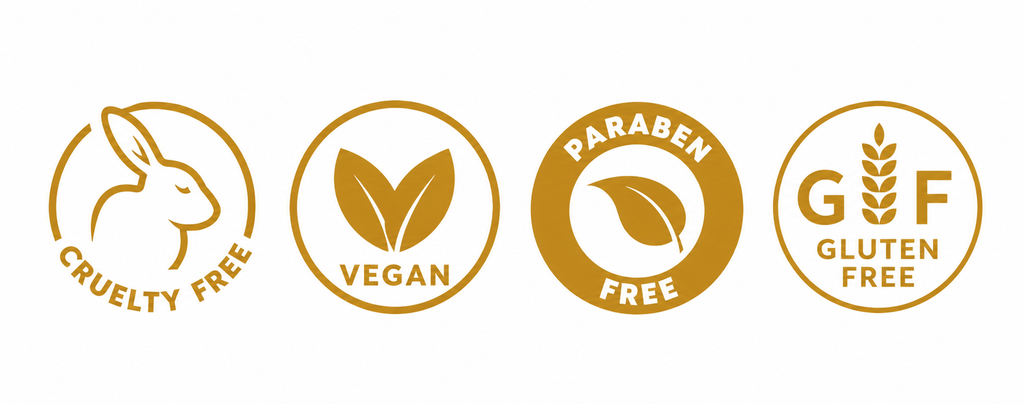 Four elegant gold certification icons representing **Cruelty Free, Vegan, Paraben Free, and Gluten Free** on a clean white background, highlighting **clean beauty**, **natural ingredients**, **vegan skincare**, **recyclable packaging**, **female-owned brand**, and eco-conscious, cruelty-free personal care products.