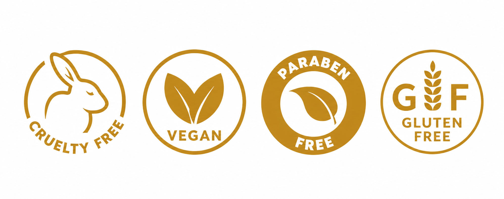 Four elegant gold certification icons representing **Cruelty Free, Vegan, Paraben Free, and Gluten Free** on a clean white background, highlighting **clean beauty**, **natural ingredients**, **vegan skincare**, **recyclable packaging**, **female-owned brand**, and eco-conscious, cruelty-free personal care products.