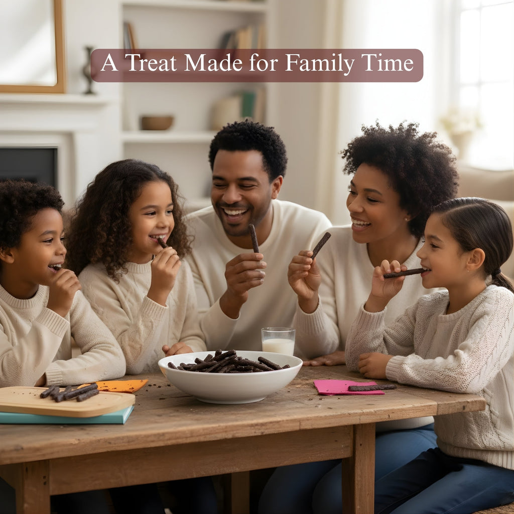 Family of five enjoying a treat together at a wooden table.