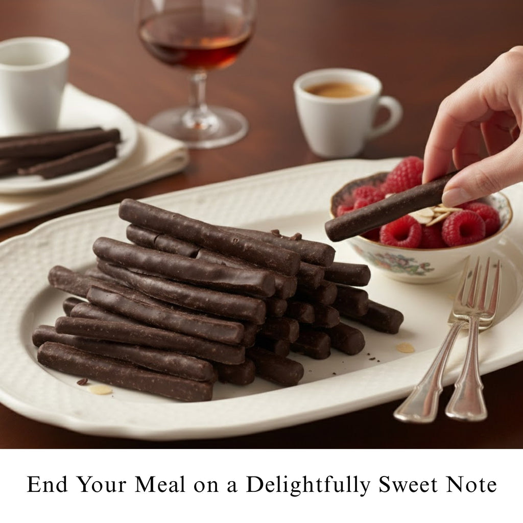 Chocolate sticks on a plate with a hand picking one, accompanied by a glass of red wine and a cup of coffee.