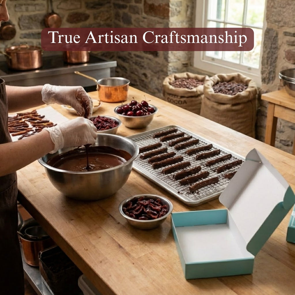 Person making chocolate truffles with ingredients on a wooden table, labeled 'True Artisan Craftsmanship'.