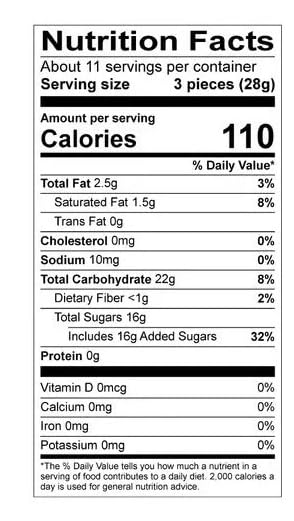 Nutrition facts label for a food product with serving size, calories, and nutritional content details.