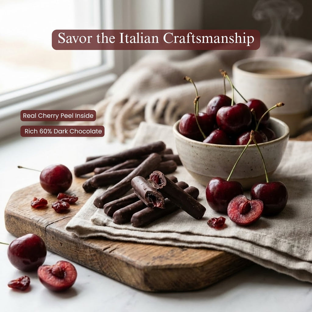 Dark chocolate bars with cherries on a wooden board and marble surface, with text about Italian craftsmanship.